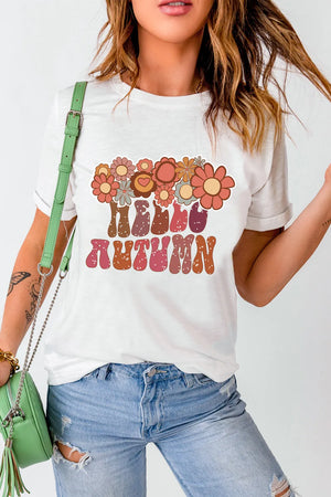 White t-shirt with retro floral graphic and "Hello Autumn" text, short sleeves, crew neck