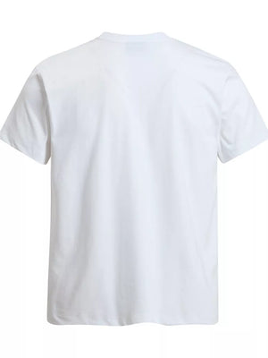 White cotton men's t-shirt with crew neck and short sleeves.