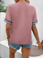 Dusty Pink V-neck top with embroidered trim on sleeves