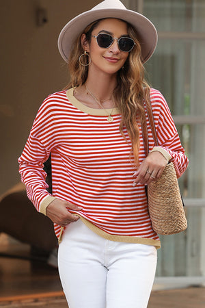 Red and white striped knit crewneck sweater with contrast trim