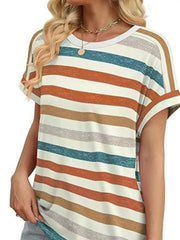 Striped casual t-shirt with crew neck and short sleeves in orange, blue, and brown stripes.