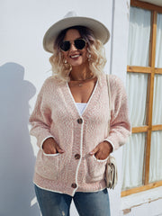 Blush pink textured knit cardigan with contrast trim, V-neck, button front, and pockets.