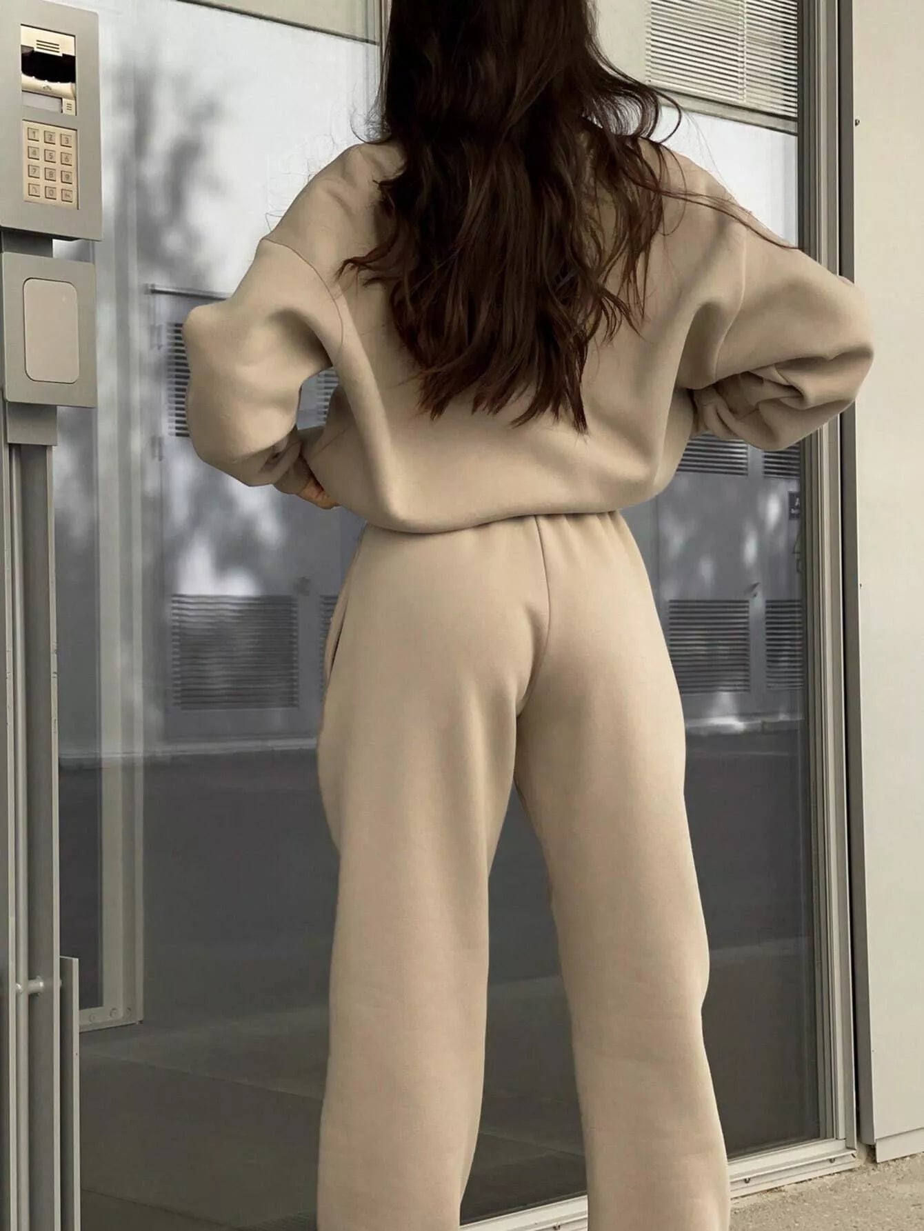 Tan half zip sweatshirt and matching wide leg sweatpants set