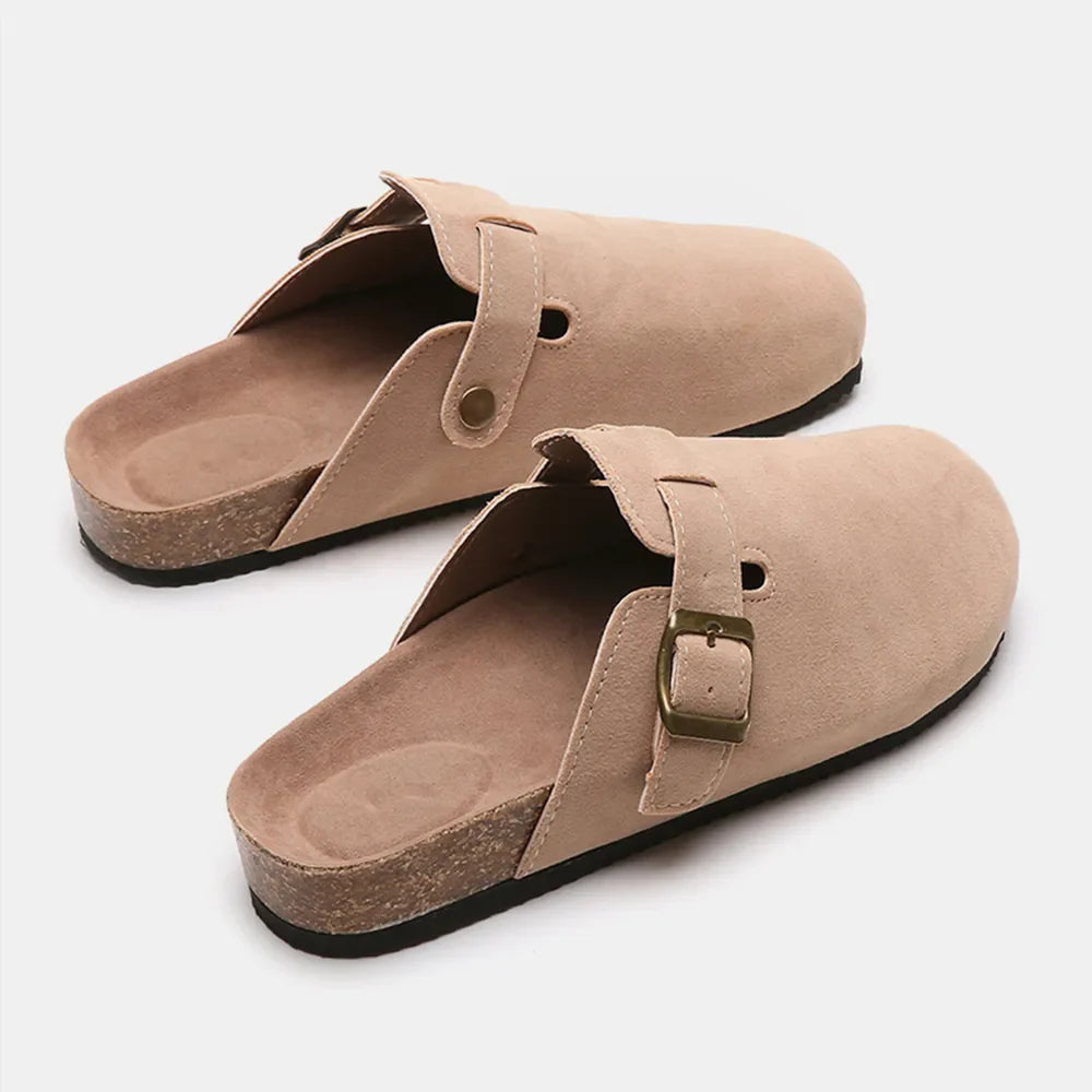 Beige suede clog slides with adjustable buckle and cork sole