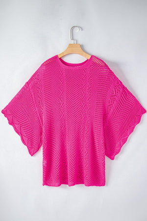 Hot Pink open-knit chevron sleeve top with a relaxed fit and scalloped hem.