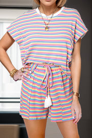 Rainbow stripe loungewear set with tassel shorts and short sleeve top