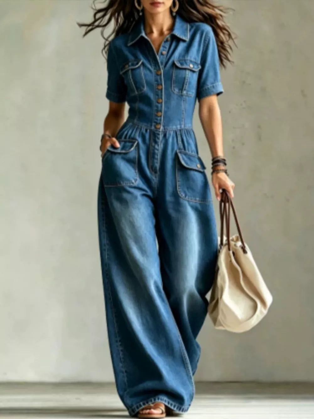 Denim Wide-leg Jumpsuit With Chest Pockets in Black, alternate angle