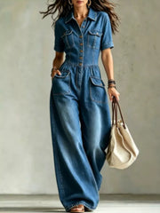 Denim Wide-leg Jumpsuit With Chest Pockets in Black, alternate angle