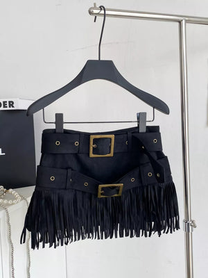 Black belted mini skirt with fringe and antique brass buckles.