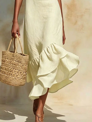 Full Size Ruffle Hem Sleeveless Midi Dress in Yellow, side view