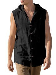 Black casual hooded sleeveless shirt with button front and drawstring.