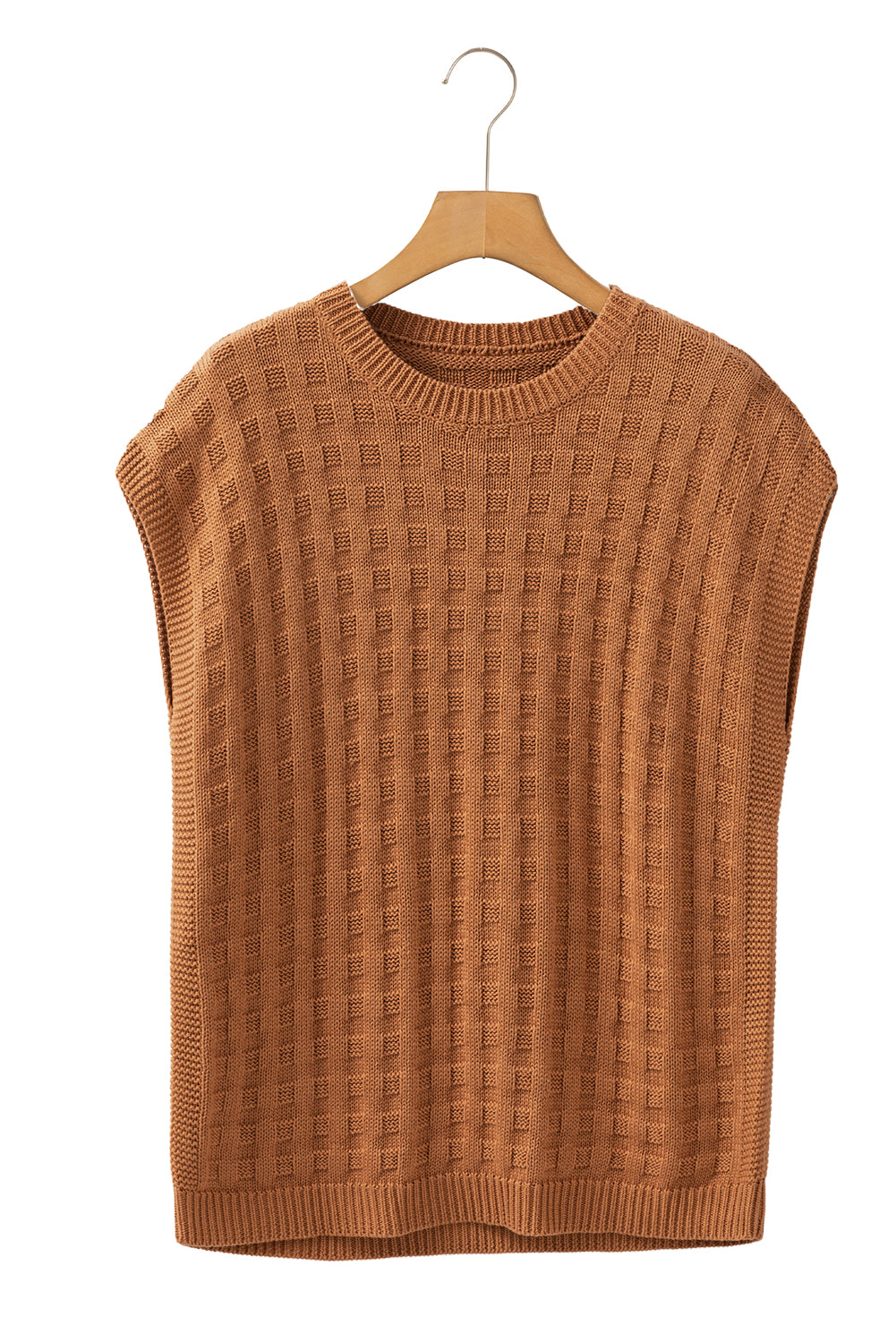 Camel textured knit boxy top with crewneck and sleeveless design.