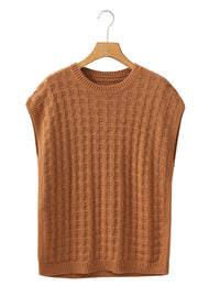 Camel textured knit boxy top with crewneck and sleeveless design.
