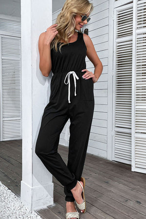 Black sleeveless jogger jumpsuit with contrast drawstring waist and pockets