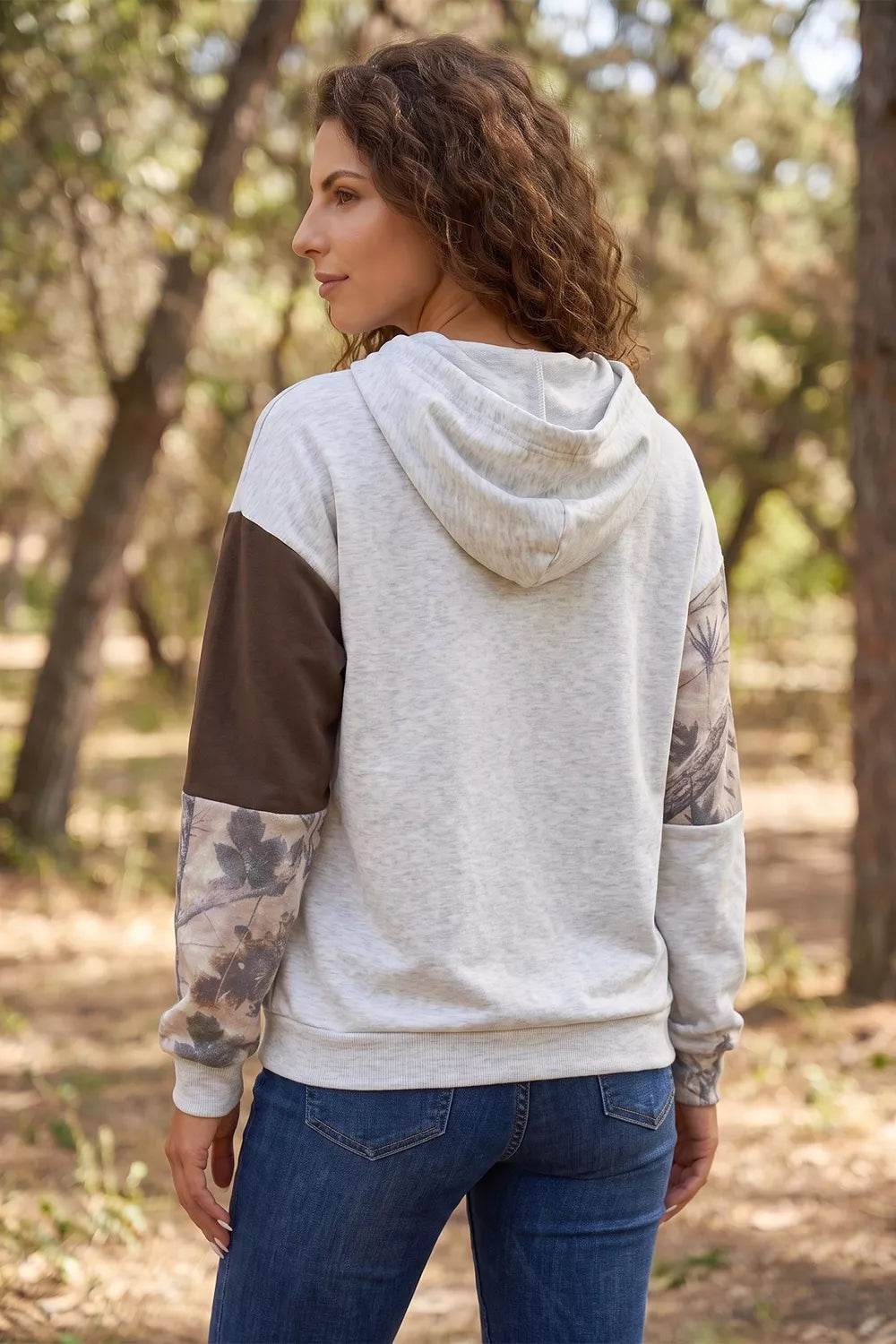 Multicolour Camo Print Drawstring Hoodie, model styling view