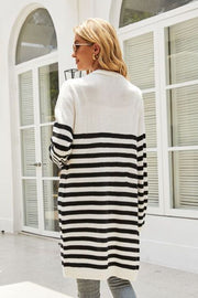 Monochrome block stripe maxi cardigan in black and white acrylic with long sleeves.