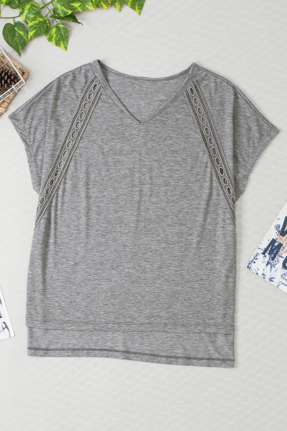 Dark Gray lace-inset dolman sleeve tunic tee with V-neck and subtle textured fabric.