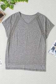 Dark Gray lace-inset dolman sleeve tunic tee with V-neck and subtle textured fabric.
