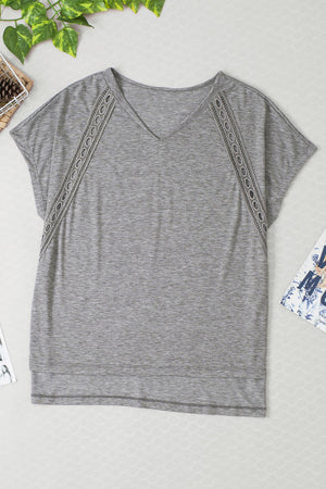 Dark Gray lace-inset dolman sleeve tunic tee with V-neck and subtle textured fabric.