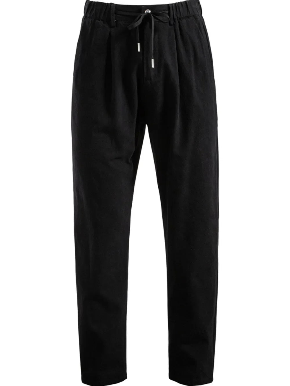 Black pleated linen drawstring trousers with a relaxed fit.