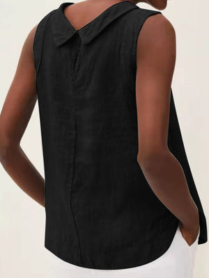 Black sleeveless Peter Pan collar blouse with a back seam detail.