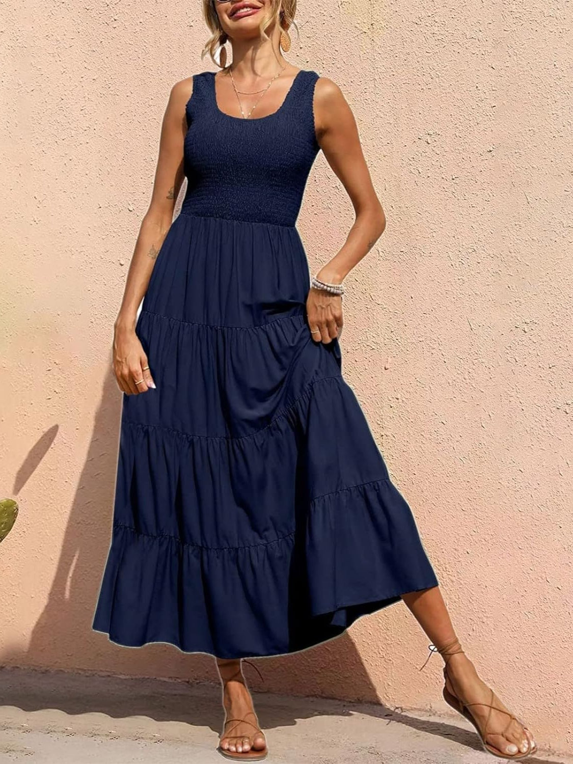 Dark Blue smocked bodice ruffled maxi dress with tiered skirt.