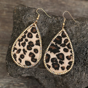 Leopard print teardrop earrings with crystal trim and gold hooks
