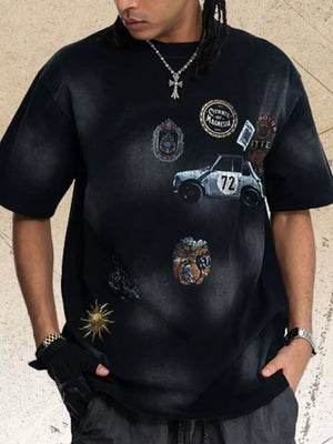 Men's Vintage Graphic Round Neck T-shirt in Black, front view