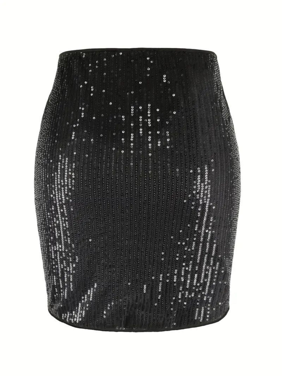 Black sequin mini skirt with a sculpted fit and allover sparkle.