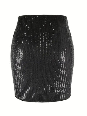 Black sequin mini skirt with a sculpted fit and allover sparkle.