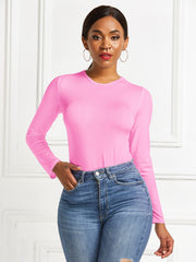 Pink long sleeve ribbed bodysuit with crew neck, body-hugging fit.