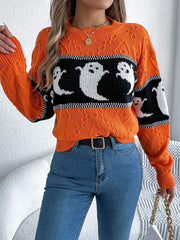 Orange cable knit crewneck sweater with ghost motif, crew neck, long sleeves.
