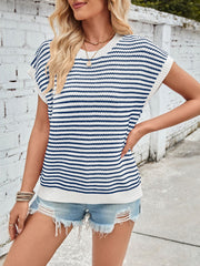 Textured stripe knit top in navy and white with cap sleeves and a crew neck.