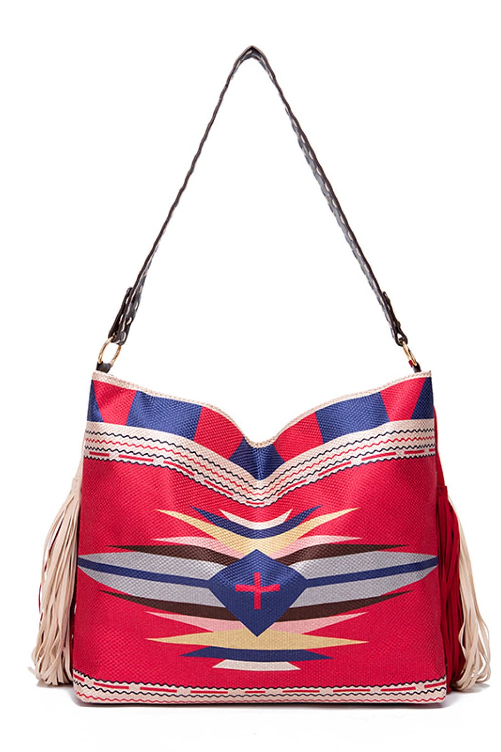 Southwestern fringe hobo bag in multicolor canvas with geometric pattern and fringe detail.