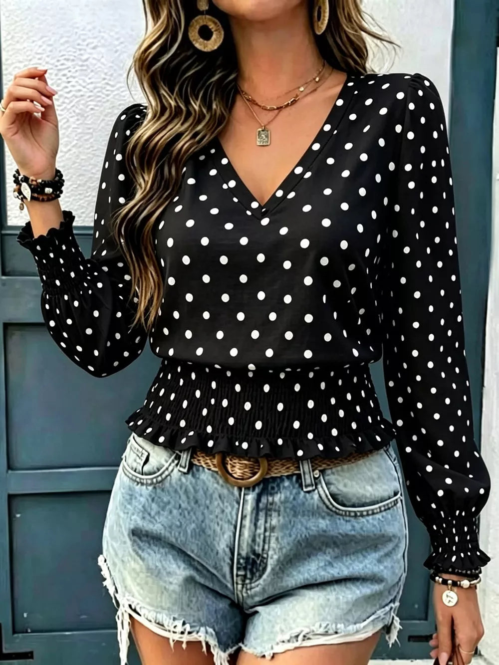 Polka Dot V-neck Smocked Blouse, fabric detail
