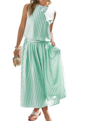 Green striped sleeveless two-piece set with pockets and a maxi skirt.