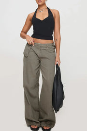 Utility buckle flared denim trousers in dark gray with a cargo pocket detail.