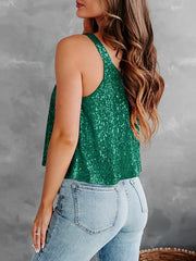 Sequin-embellished flounce tank top in dark green with a relaxed fit.