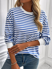 Horizontal stripe crewneck sweatshirt in royal blue and white with white cuffs.