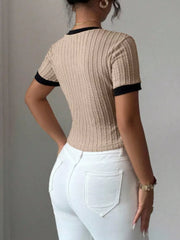 Khaki t-shirt with black contrast trim and textured knit.