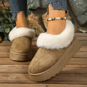 Khaki fuzzy trim platform slippers with a chunky sole.