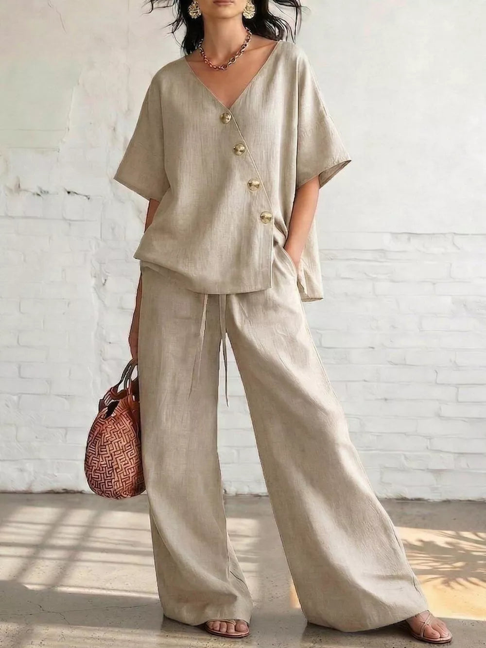 Full Size Surplice Half Sleeve Top And Wide-leg Pants Set, product detail