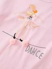 Pink cotton t-shirt with a 3D ballet dancer graphic, tutu, and "dance" text.