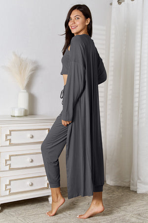 Dark gray loungewear set with long cardigan, crop top, and jogger pants.