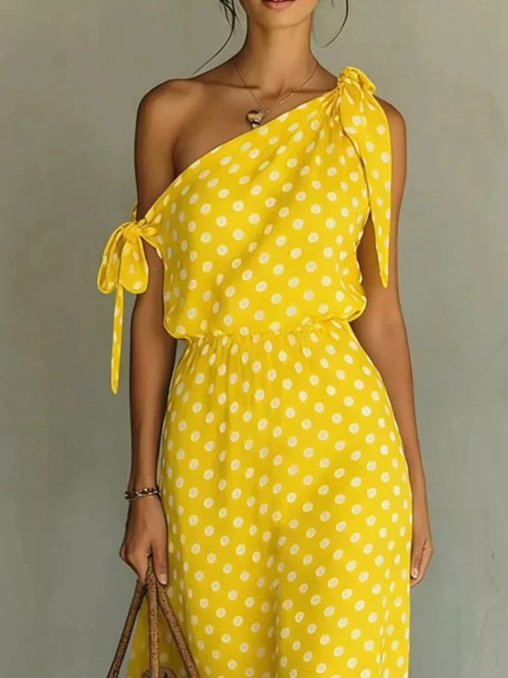 Yellow polka dot one-shoulder maxi dress with cinched waist and tie details.