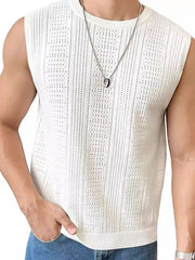 White textured knit sleeveless tank top with open stitch details and crew neck.
