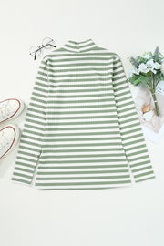 Ribbed stripe slim-fit turtleneck sweater in Sage with long sleeves and mock neck.