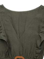 Olive green tiered maxi dress with V-neck, ruffled sleeves, and woven belt detail.