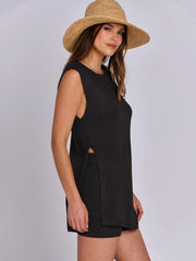 Black textured knit tank with slit sides and matching shorts set