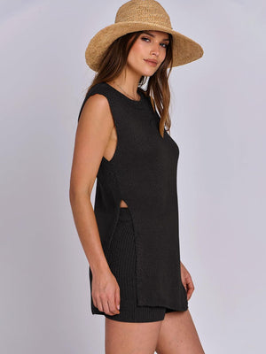 Black textured knit tank with slit sides and matching shorts set